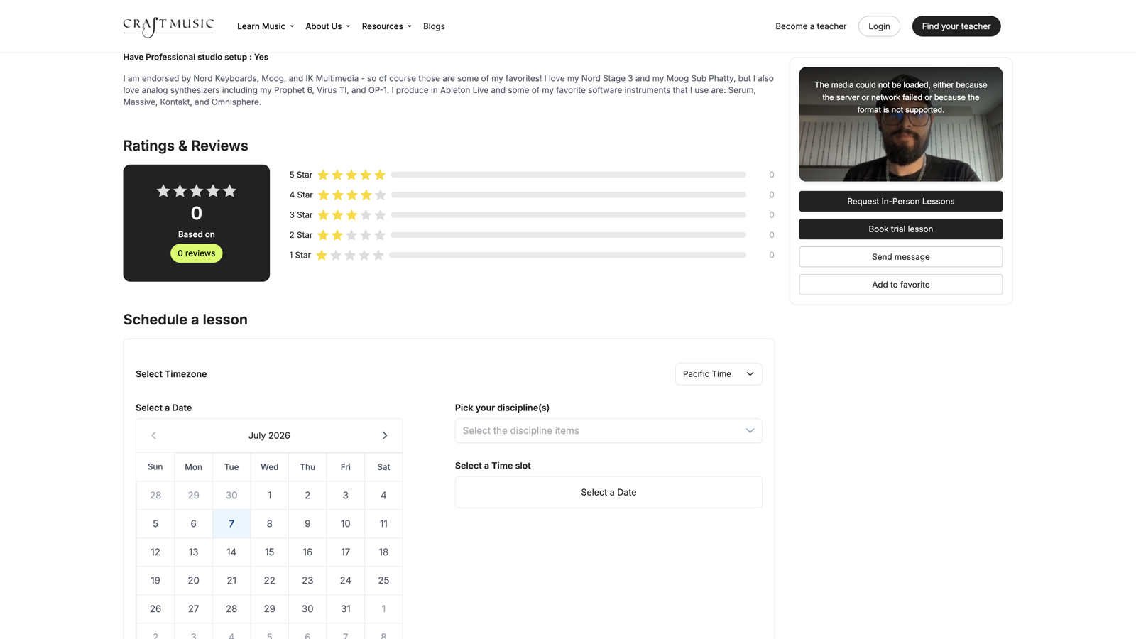 Teacher schedule booking calendar on profile
