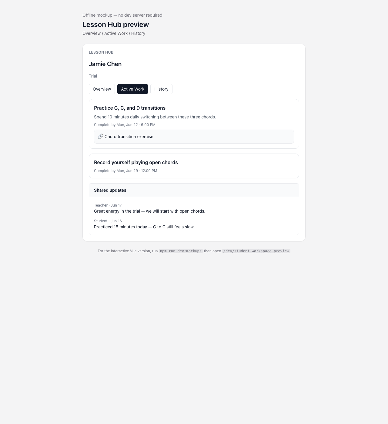 Lesson Hub Active Work with assignments and shared updates
