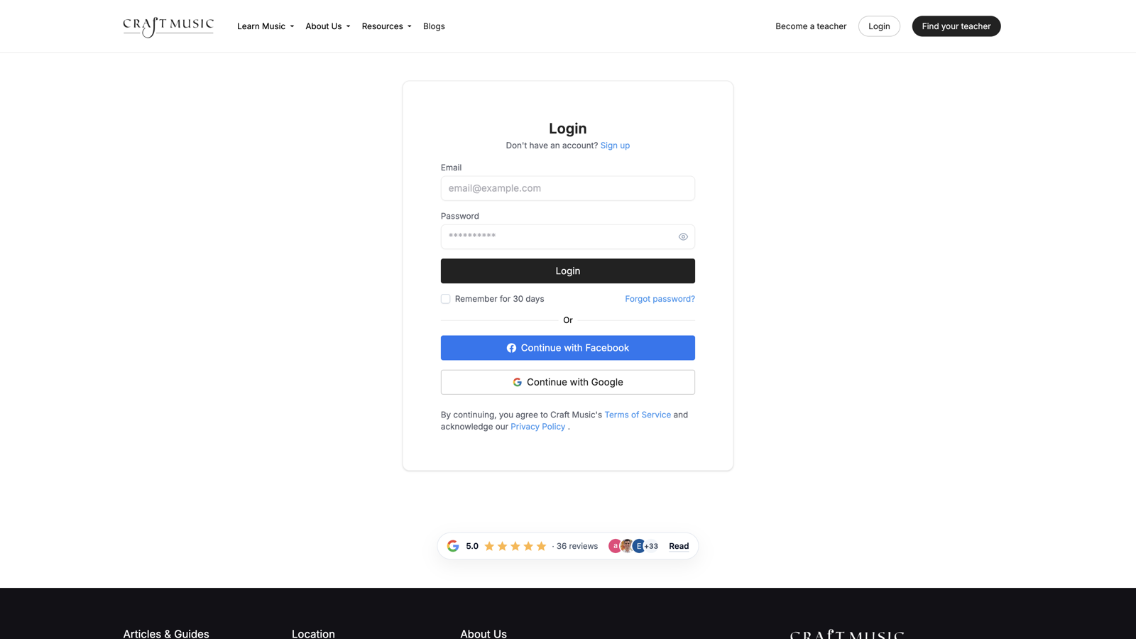 Craft Music login page