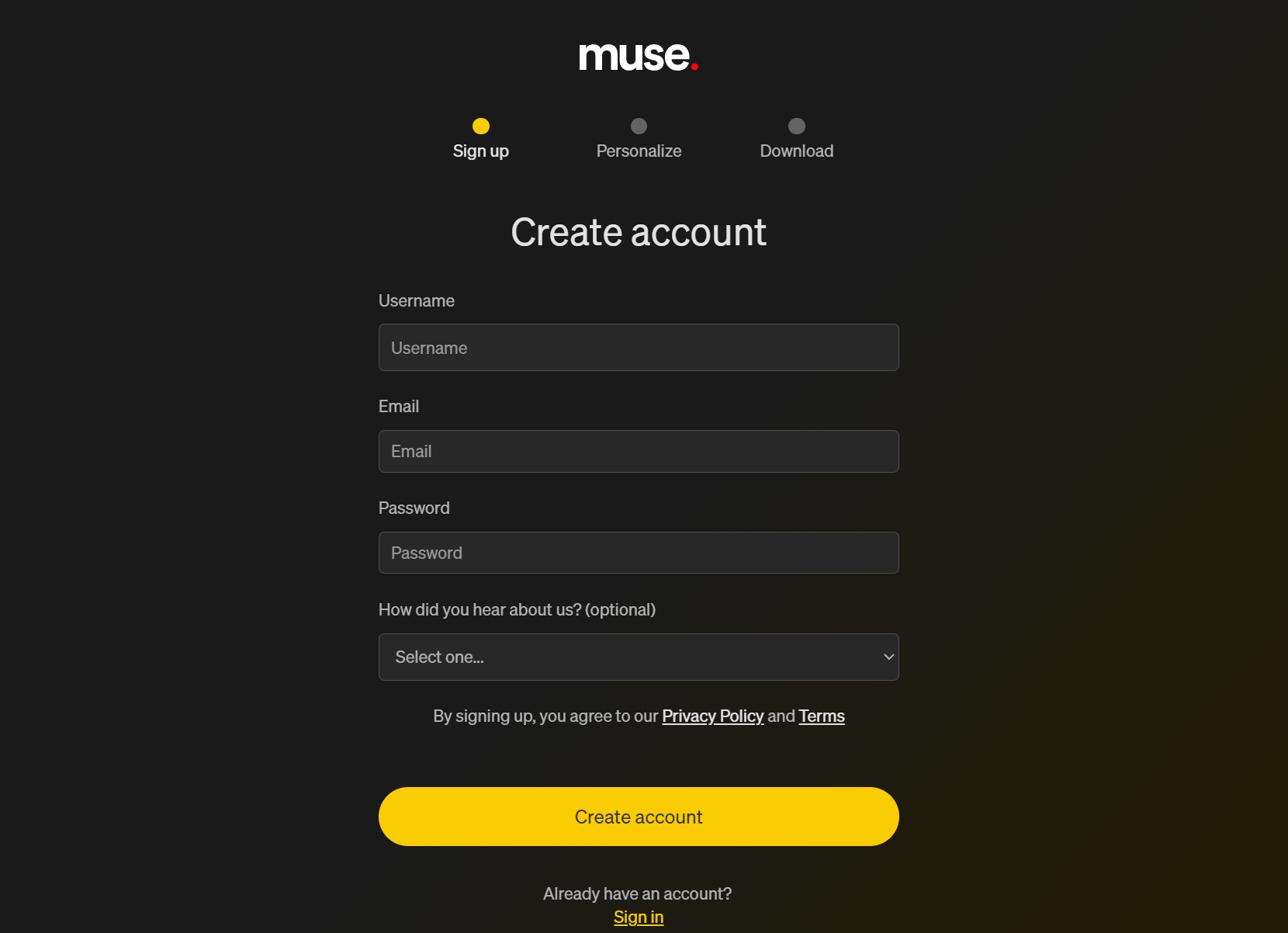 Muse account creation form