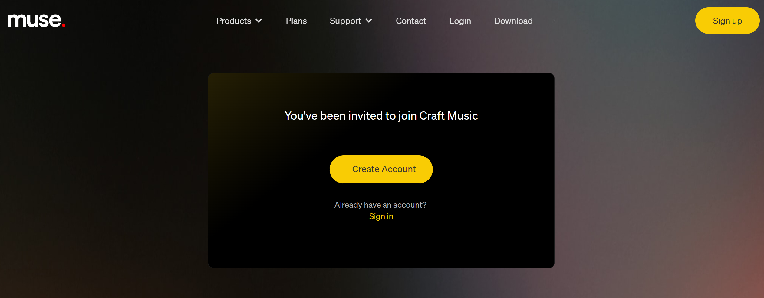 Muse sign-in screen offering Create account or Sign in