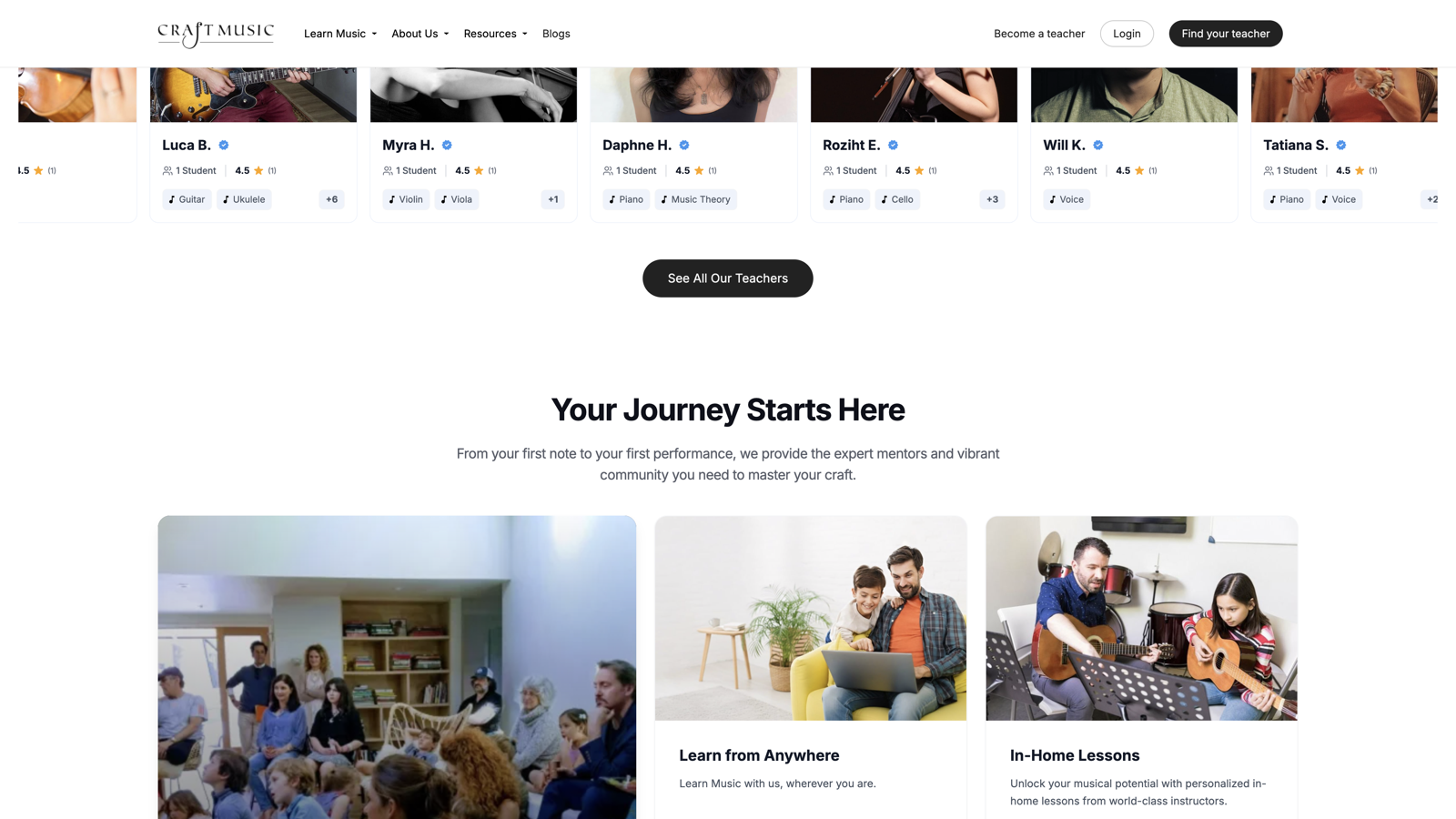Homepage journey cards for online and in-home lessons