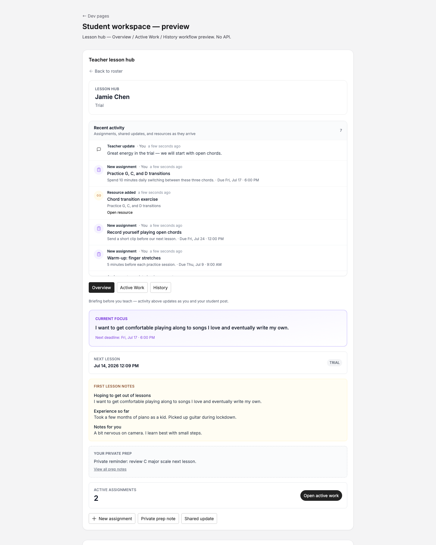 Teacher Lesson Hub workspace with shared notes and assignments